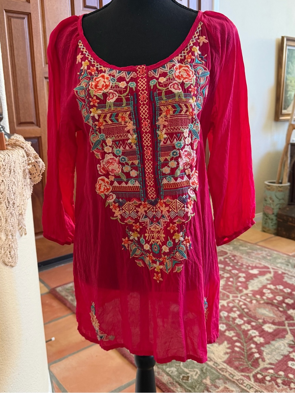 Johnny Was Fuchsia Embroidered Gauze Tunic Top